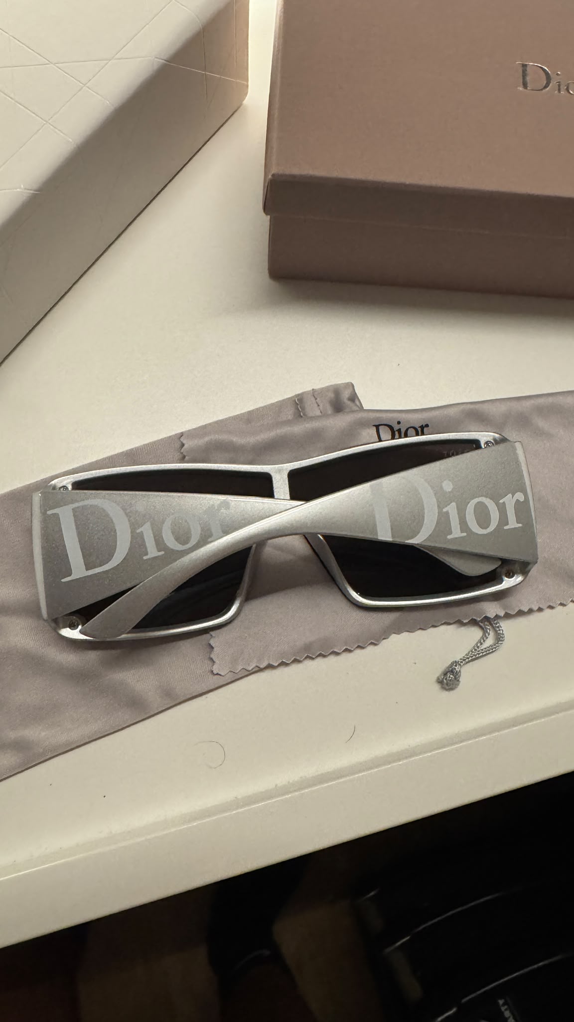 Rear angle of silver statement sunglasses showing side detail