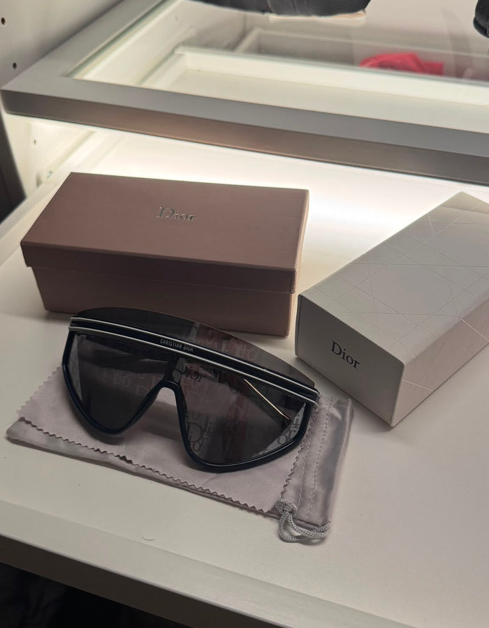 Wrap shield sunglasses with accessories and presentation boxes