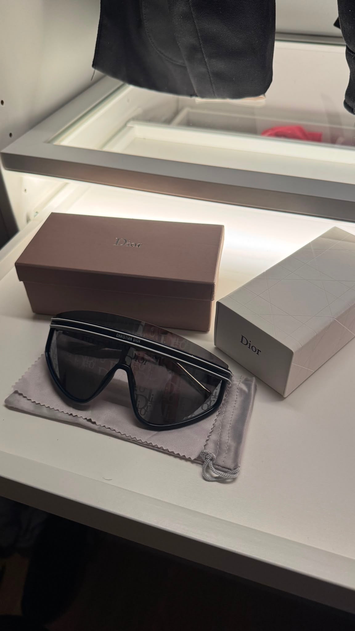 Wrap shield sunglasses with accessories and presentation boxes